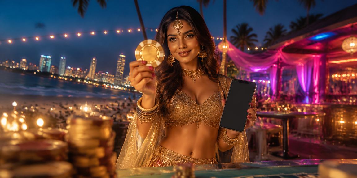 Indian woman enjoying cricket betting wearing traditional lehenga